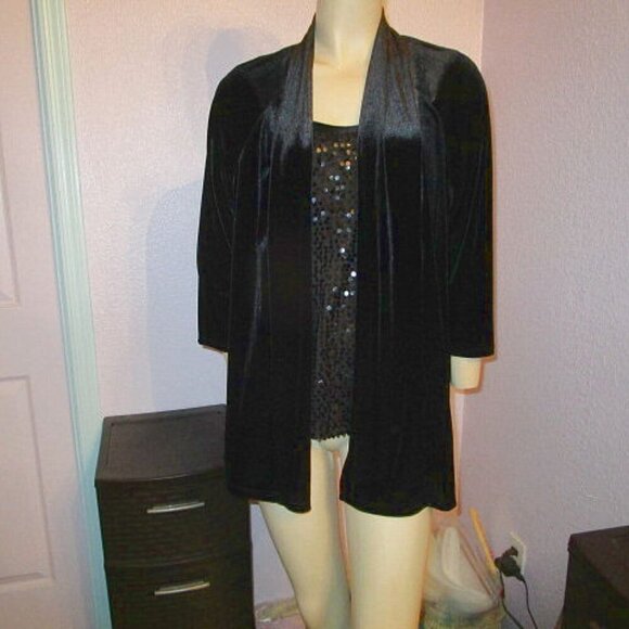 90s Vtg Black Velvet Tunic Top Size L Cardigan Sequins Layered Look Dressy Goth - Picture 1 of 7